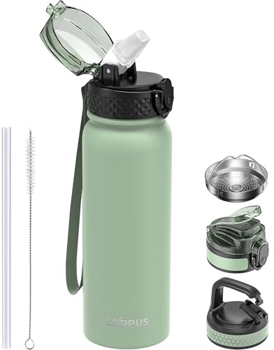 GOPPUS 600ml/20oz Edelstahl Wasserflasche mit Strohhalm Trinkflasche Sport Thermosflasche Auslaufsicher Flasche Water Bottle with Straw Thermoflasche Geeignet BPA-frei Trinkflasche