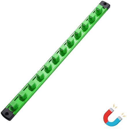 ALOANES Magnetic Socket Organizer, 1/2-Inch Drive Aluminum Socket Holder Socket Tray, Heavy Duty Socket Rail Organizer for Tool Box Drawer, 360°Swivel Clips Socket Rack 1/2-Inch x 12 Clips (Green)