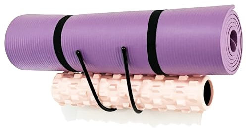 Upgraded large Yoga Mat Holder Wall Mount, Metal Storage Rack for Yoga Mat/Wheels, Foam Roller etcs, Wall Rack Organizer Hooks for Hanging Stretching Strap & Resistance Bands, Yoga Room/Home Gym Decor