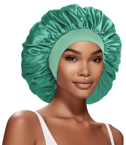 Extra Large Satin Bonnet Hair Cap, 17inches Silk Bonnet for Sleeping, Jumbo Silk Sleep Shower Cap for Women Braids Curly Hair Locs 1Pcs (Green)