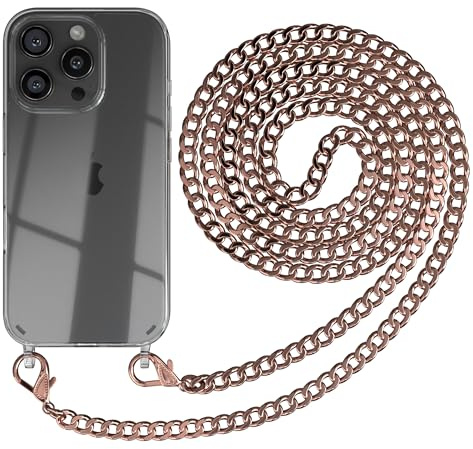 EAZY CASE Handykette kompatibel mit iPhone 16 Pro Handyhülle mit Metall Umhängeband und Ersatz Kordel schwarz, Handykordel mit Schutzhülle, Stylische Kette, Metall - Rosé-Gold