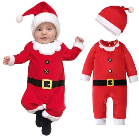 Raopuzi Disfraz Navidad Bebe, Disfraces Unisexo Papa Noel, Ropa Bebé Mono Niñas Y Niños Mi Primera Navidad Pijama Pelele Recién Nacido, Cosplay Polar Cálido, Trajes de Fiesta Roja Invierno, con Gerro