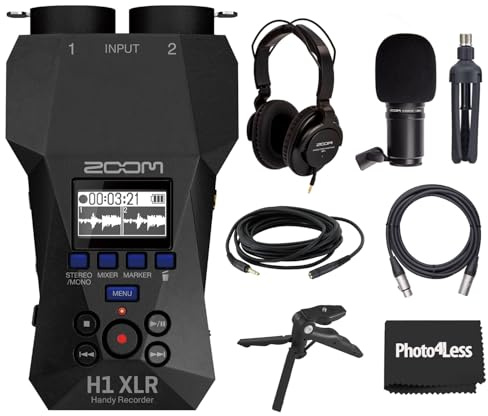Zoom H1 XLR Handy Recorder, Bundle con Zoom ZDM-1 Podcast Mic Pack con cuffie, parabrezza, cavo XLR e supporto da tavolo e treppiede da tavolo impugnatura