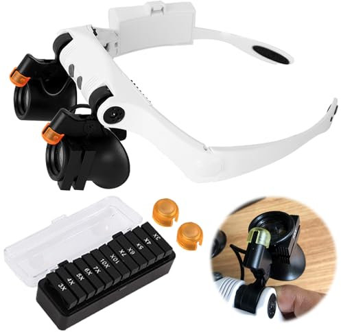 LED Lupenbrille mit Licht, Kopfband-Lupe für Brillenträger, 3X-17X Vergrößerung, Lupenbrille mit LED Licht, Testsieger für Handwerk, Juweliere, Nähen und Hobbys, Kopfmontierte Leselupe, Weiß