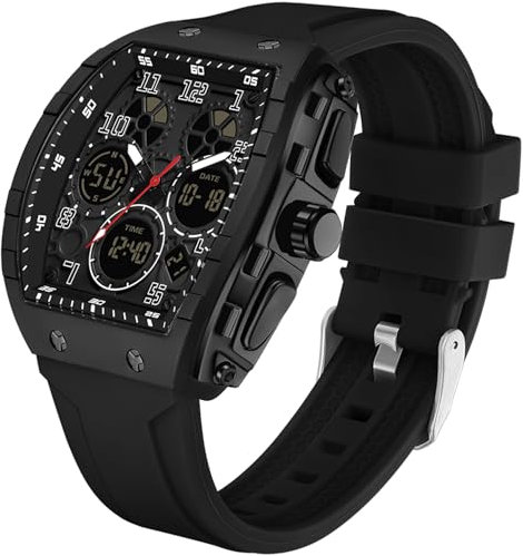 findtime Rechteckige Herrenuhr Cooles Design Kreative Herren Uhren Digital Analog Quarz Armbanduhr mit Doppelzeit Timer Stoppuhr 5ATM Wasserdicht Schwarz Sportuhr Schwarz