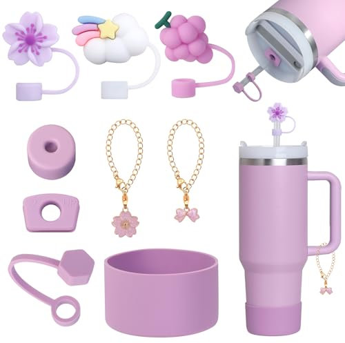 Yuecda Stanley Lot de 9 accessoires pour gobelets, y compris une housse de protection en silicone, un ensemble de bouchons anti-fuite, un couvercle de paille, des bijoux suspendus, convient aux tasses