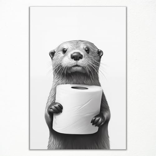 Schwarz-weißes Badezimmer-Wandkunst, lustiges Badezimmer-Poster, Tierbild für die Wand, niedlicher Otter hält eine Rolle Toilettenpapier, bezaubernde Wanddekoration, 40,6 x 61 cm, ungerahmt
