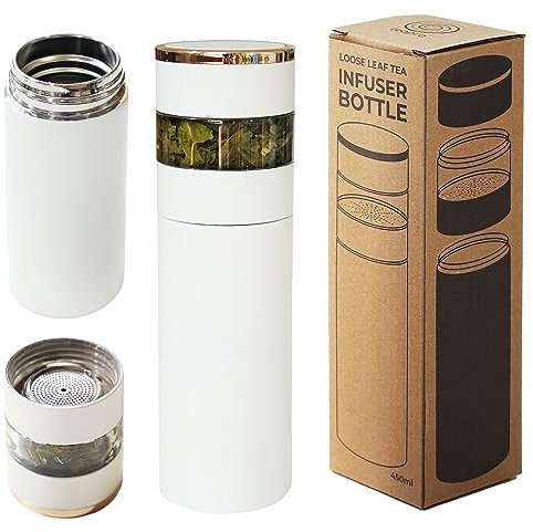 teapro White Tea Infuser Bottle 450ml – Cold Brew Loose Leaf Tea Bottle with Infuser, Tea Flask for Hot & Cold, Travel-Friendly Tumbler