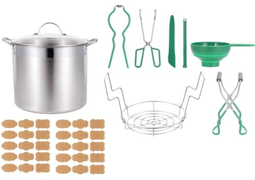 21.5QT Stainless Steel Water Bath Canning Pot with Rack and Lid,9pcs Canning Supplies Starter Kit Tools Set, Jar Lifter Tongs,Full Canning Kit Accessories,30pcs Canning Labels (Jars NOT Included)