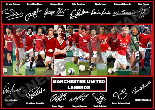Kunstdruck mit Autogramm von Manchester United Legends von Manchester United George Best, David Beckham, Ryan Giggs etc. (A4, gerahmt, 32 x 23 cm)