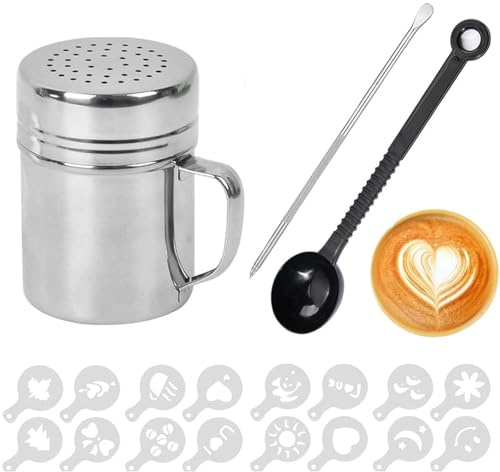 Complete Coffee Sprinkles Powder Set with 16 Stencils and Latte Art Pen | Stainless steel measuring spoon tool, perfect for kitchen baking, cooking, cappuccino, and latte