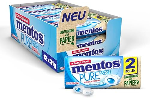 Mentos Kaugummi Pure Fresh Mint, zuckerfreie Chewing Gum Dragees mit Mint-Geschmack und flüssiger Füllung, 12 x 2 Rollen