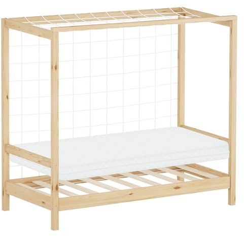 ML-Design Kinderbett Fußballtor 70x140 cm mit Matratze, Natur, Kinder Einzelbett, Holzbett mit Lattenrost und Tornetz, Jugendbett Kiefernholz, Bettgestell Spielbett Bett Fußballbett-Tor Handballtor