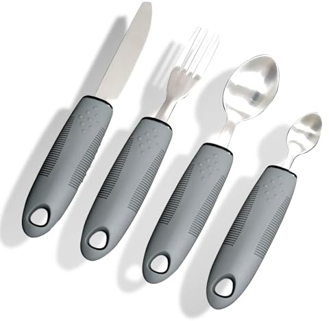 4-Teiliges Easy Grip Besteckset aus Edelstahl mit Breiten Griffen, Rutschfest, Gummi mit Grip für Ältere Menschen, Arthritis, Parkinsons und Behinderte