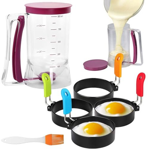 6pcs Teigportionierer Set, 900ml Kuchen Teigspender Mit 4 Omelettringformen und 1 Silikon-Ölpinsel, Batter Dispenser Portionierer Teig für Kuchen, Pfannkuchen, Muffins, Waffeln zu Machen
