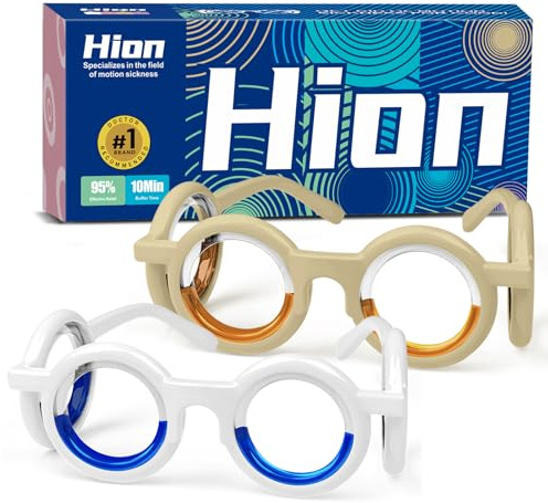 Hion Motion Sickness Glasses, Car Sickness Glasses,Relieve Carsickness Airsickness Seasickness Glasses,Anti Nausea Vertigo Glasses, No Lens Liquid Glasses for Adults or Kids(A-1White+1Cream-UK-1)
