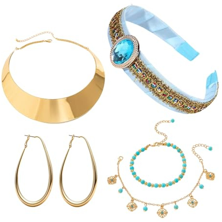 Werownsgso 5 Stück Damen Prinzessin Kostüm Blaues Stirnband Ohrringe Kette Armband Prinzessin Aladdin Accessoires für Karneval Cosplay Verkleidun