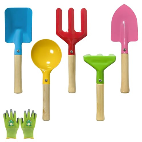 Jerhyun 5 Stück Gartengeräte Set, Handgartengeräte mit Grün Handschuhe | Handschaufel-Set mit Pflanzschaufel, Handgabel, Kelle, Rechen für Topfpflanzen, Balkon, Beetpflege und Umtopfen