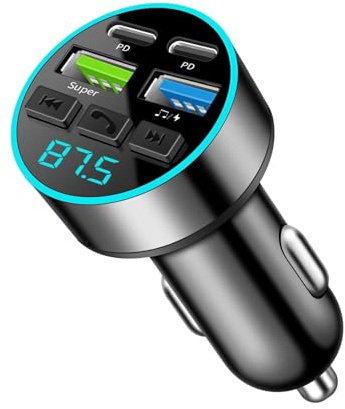 Car Fm Bluetooth Adapter,C ar Music Adapter,Car Radio Bluetooth Transmitter 5.0 Adaptor with 2 Usb Ports 2 Type C Port Hand-Free Calling Music Player PD 66w Fast Charging Charger for Iphone Android