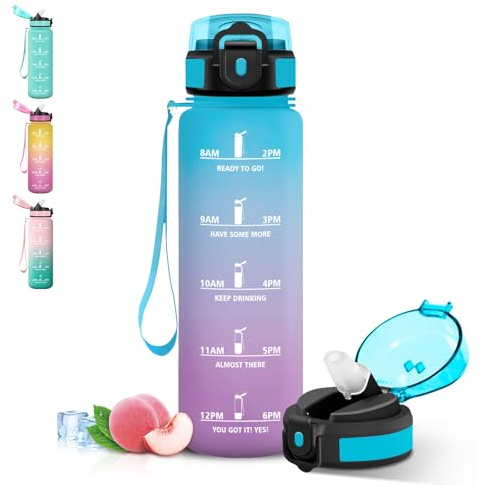 Grsta Botella Agua 1 litro, A Prueba de Fugas, Cantimplora con Marcador de Tiempo, Diseño de Cerradura, Botella Agua Gimnasio con Pajita para Deportes, Hogar, Exteriores