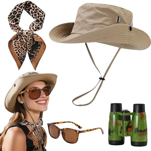 WENAUANG 4 Stuck Frauen Safari Kostüm, Kostüm des Archäologen, Faltbare Sonnenhut, Brille, Nackenband, Fernglas fur Karneval COSPLAY