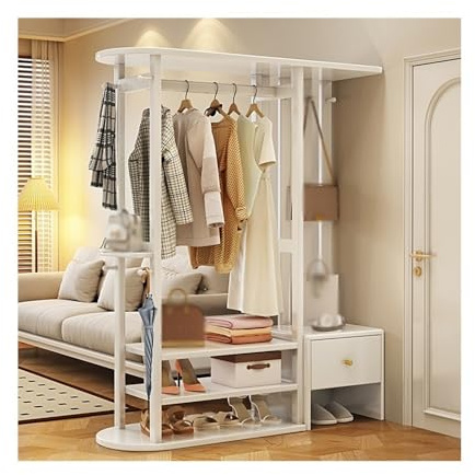 TRENT-693 Porte Manteau sur Pied Porte-manteau vertical en bois massif avec rangement for chaussures, idéal for la chambre à coucher ou maison(Blanc)