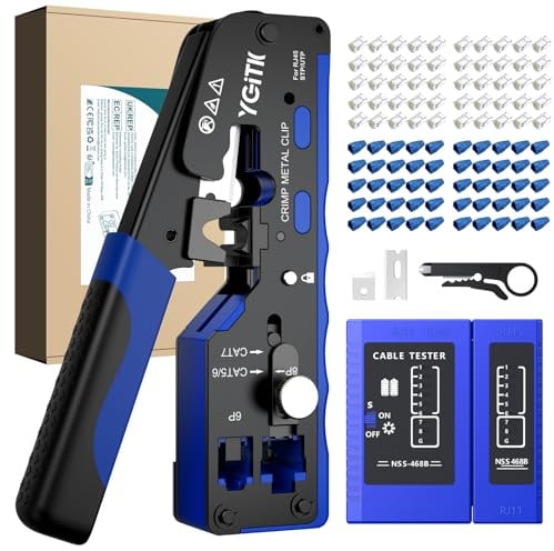 YGiTK RJ45 Crimpzange Set für Netzwerkstecker Cat5/6/7 mit Presszange | 50pcs Vergoldete RJ45 Stecker Cat6 Pass-Through inkl. Netzwerktester, Mini-Abisolierzange, Klingen, Profi Netzwerk Werkzeug