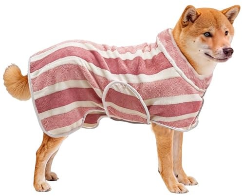 PawSailor Fast Drying Dog Bath Robe, Super Absorbent Stripes Dogs Towel, Adjustable Warm Keeping Pet Puppy Bath Supplies (Red, L)