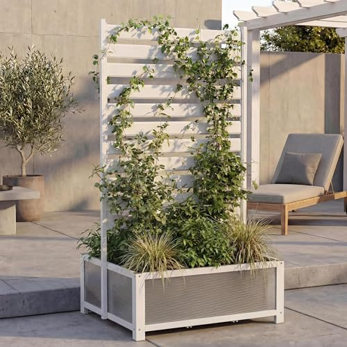 Mendler Aluminium Beet mit Rankgitter HWC-P97 158x90x75cm - weiß | Blumenkasten, Pflanzkübel, Spalier
