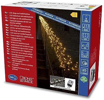 Konstsmide Micro LED Büschellichterkette Cluster, mit 8 Funktionen, Steuergerät und Memoryfunktion, 768 bernsteinfarbene Dioden, 36V Außentrafo, schwarzes Kabel - 3862-800