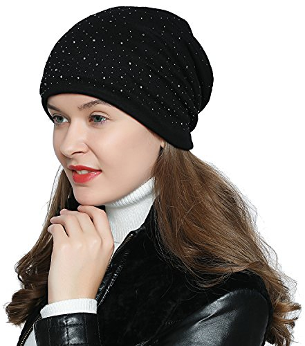 DonDon Damen Mütze Wintermütze Slouch Beanie Silberne Pailletten Nieten schwarz