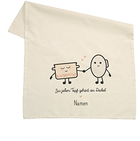 Herz & Heim® Geschirrtuch 100% Baumwolle 45 x 70 cm - Topf und Deckel - mit Aufdruck Ihrer Wunschnamen Natur
