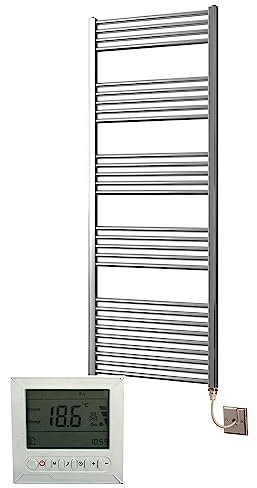 Greened House Electric Chrome 600W x 1600H Straight Towel Rail + Timer and Room Thermostat New Bathroom Towel Rails