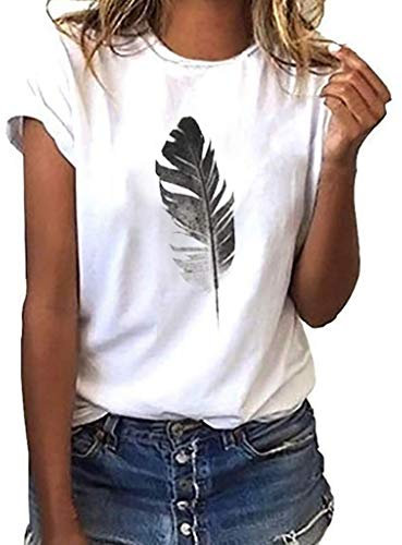 VEMOW Tops Mujer Camiseta Blusas Suelta de Manga Corta con Estampado de Hojas para Mujer Informal con Cuello de Pico Tops(Blanco,S)