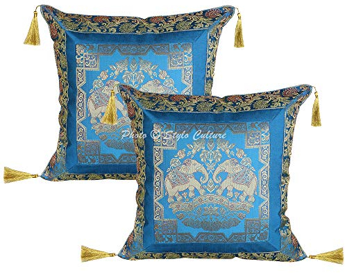Stylo Culture Ethnisch Dekorativ Brokat Seide Couch Kissenbezüge 45x45 cm Türkis Dekokissen Jacquard Quasten Schlafzimmer Sofa Kissen Bezüge Elefant Quadrat Reißverschluss 18x18 Kissenhullen - 2 STK.