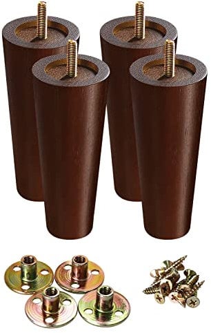 GOSCHE 15cm Furniture Legs Wooden, Brown Solid Tapered Sofa Legs Set of 4, Wood Cabinets Feet with Mounting Plate, Screws, Anti-Slip Mats for Sofa bed Coffee Table Chair Cupboard Nightstand