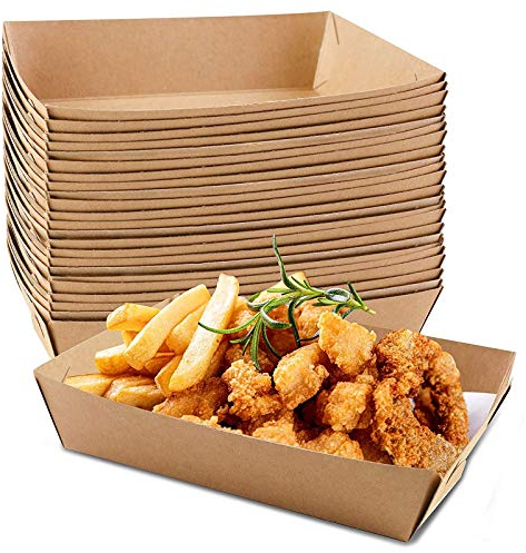 MHGLOVES Disposable Kraft Paper Food Serving Tray, French Fries Chicken Hot Dog Box Trays, Kraft Paper Coating Boat Shape Snack Open Box Trays for Party Supplies (100Pcs)