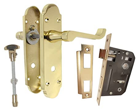 Haven Heritage ® Internal Epsom Bathroom Door Handles Brass Finish + Bath Lock - Back Plate 170 x 40mm Sold in Pairs (1)
