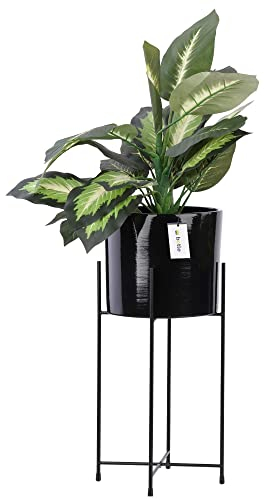 botle Blumenständer Blumenbeet Blumentopf Metall-Ständer Blumenübertopf Rund D 13,5 cm H 33 cm Schwarz Glanz Oberfläche Gestell Orchidee Vase Keramik Modern Glamour
