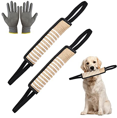 HOMURY Beisswurst für Hunde Jute Beisswurst 2 Stück Sehr Robustes Hundespielzeug zum K9 Training Tauziehen und Zerrspiele mit Hund Zerrspielzeug mit Zwei Schlaufen, 30 cm, 1 Paar Schutzhandschuhe