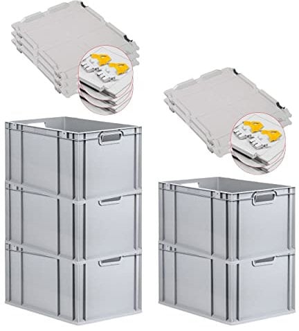 PROREGAL SuperSparSet 5x Eurobox NextGen Grip mit Scharnierdeckel und gelben Schiebeschnappverschlüssen, HxBxT 32x40x60cm, 65 L, Grau, Griffe offen, Eurobehälter, Transportbox