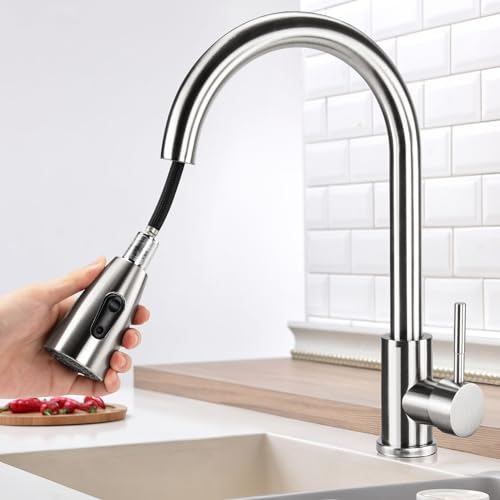 Virklyee Wasserhahn Ausziehbar Spültischarmatur Küchenmischbatterie 360°drehbarer, Schwenkbar Zwei Sprühfunktionen, Einstellbares Kaltes und Heißes Wasser, Gebürsteter Edelstahl (Silber-C-form)