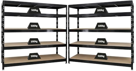 PROREGAL Mega Deal | 2X Profi Schwerlastregal Rhino | HxBxT 180x200x60cm | 5 Spanplatten-Ebenen 8mm | Fachlast 500kg | Schwarz | Garagenregal Lagerregal Steckregal Weitspannregal