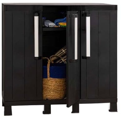 Avilia Armadio Basso da Garage a 3 Ante e 2 Ripiani Regolabili 97x37x93cm Nero - Soluzione Compatta per Organizzare Attrezzi e Utensili