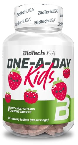 BioTechUSA One-A-Day Kids | Flavoured Food Supplement multivitamin | Chewable tablet | With minerals and sweetener | From 4 years of age | 90 tablet, Strawberry-raspberry
