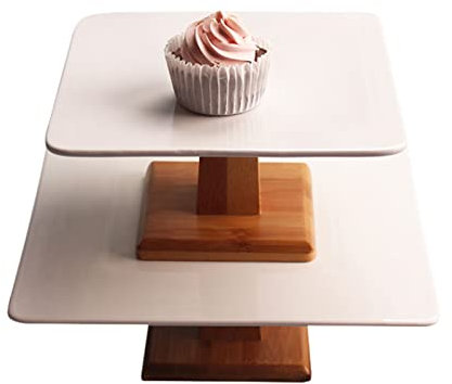 CVNIMV Soporte para Cupcakes de 2 Niveles, Soportes para Pasteles Cuadrados japoneses, Bandeja apilable de cerámica para Servir con Base de bambú para postres, Soportes para Galletas y Pizza