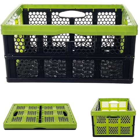KADAX Caja plegable de plástico, 47 x 34 x 21,5 cm, caja plegable con asas, cesta plegable, cesta de almacenamiento para estudio (negro y verde)