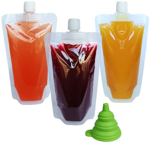 20PCS Clear Drink Pouches 500ml with Caps and Funnel for Festivals, Leak Proof Alcohol Beverage Juice Liquid Pouch Bags, Plastic Hip Flask for Parties, Picnic, Travel, Sports, Extra Large Mouth 1.5cm