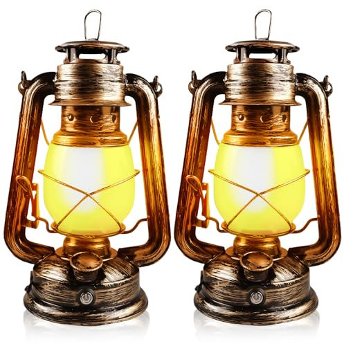2 Stücke LED Vintage Laterne, USB Wiederaufladbare 4 Modi Stufenlos Dimmbare LED Petroleumlampe, Hängende Outdoor Laterne mit Flammen Effekt für Garten Terrasse Deck Wohnzimmer Balkon