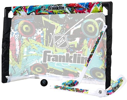 Franklin Sports NHL Kids Mini Hockey Set - Includes (1) Knee Hockey Goal, (2) Mini Sticks + (2) Foam Balls - Indoor Toy Youth Goal + Sticks Set - Graffiti